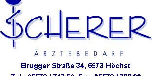 Das Logo der Firma Scherer: der Namenszug Scherer wobei sich das "S" als Schlange um einen Stab mit Schale ringelt.