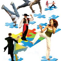 Verschiedene Tänzerinnen und Tänzer auf bunten Puzzleteilen. Klassisches Tanzpaar, Tangotänzer, Breakdancer, Rock and Roll Tanzpaar und ein offenes Tanzpaar. Quelle: www.open-spirit.ch