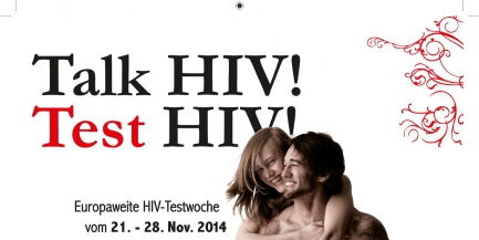 Das Plakat der HIV-Testwoche 2014. Neben den Infos steht ein junger kräftiger Mann mit tätowierten Armen und Beinen und trägt eine junge hübsche Frau im Huckepack.