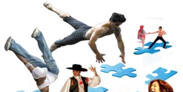Verschiedene Tänzerinnen und Tänzer auf bunten Puzzleteilen. Klassisches Tanzpaar, Tangotänzer, Breakdancer, Rock and Roll Tanzpaar und ein offenes Tanzpaar. Quelle: www.open-spirit.ch