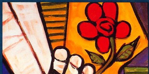 Das Plakat zum Film: Mein linker Fuß. Darauf abgebildet: Ein Fuß, der mit den Zehen eine Blume hält - bunt in kubistischem Stil.
