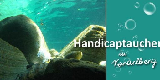 Blaue Unterwasserlandschaft. Im Vordergrund  steht „Handicaptauchen in Vorarlberg“