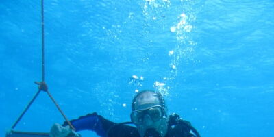 Zwei Taucher im himmelhellblauen Wasser. Schwarze Taucheranzugkörper. Taucherbrillen-Augen groß. Sauerstoffblasen blubbern aus schwarzen Schnullern nach oben. Ein Taucher hält sich mit der Hand an einem Schild: "Duck's Dive Center".