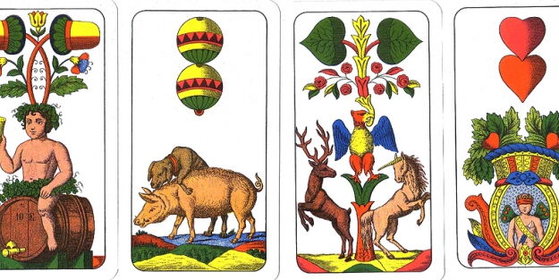 Die vier Assen des Jass-Kartenspiels: Eichel, Schelle, Laub und Herz. Quelle: virginiarussel.wix.com
