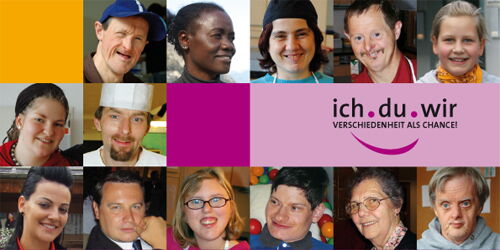 Die Einladungskarte zum ich.du.wir-Kongress der Lebenshilfe zeigt mehrere Porträts von Menschen in drei Reihen.