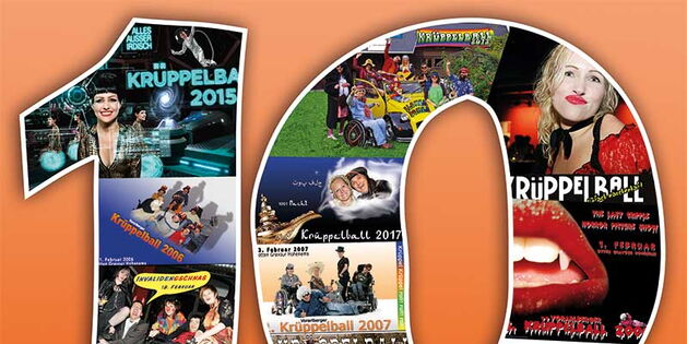 Krüppelball Flyer: Eine großgeschriebene Zahl 10. In der Schrift sind alle Flyer der vergangenen Krüppelbälle abgebildet.