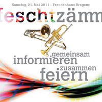 Der Flyer zum feschtzämm zeigt eine Posaune und eine Trompete ineinander verschlungen. Darunter der Text: gemeinsam informieren zusammen feiern.