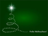 Ein hell leuchtender Stern mit sechzehn Spitzen. Von ihm läuft eine Linie aus kleinen Sternen in Kreisen nach unten größer werdend und rechts auslaufend zum Wunsch: Frohe Weihnachten! Bild: www.wallpaper-gratis.eu
