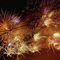 Vor nächtlichem schwarzem Hintergrund leuchtende Feuerwerkskörper. Als ob viele Lichter wie helle Haare aus verschiedenen kleinen Sonnenzentren ausstrahlen.