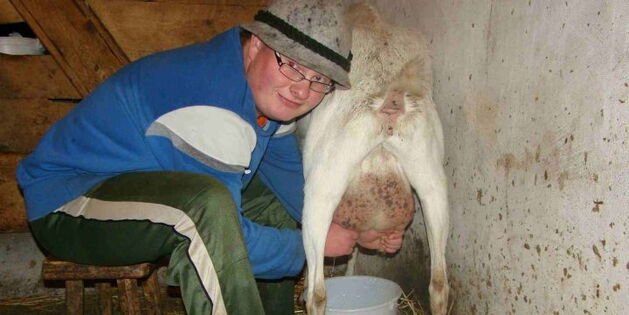 Ein Jugendlicher in Gummistiefeln mit Filzhut am Kopf. Er sitzt auf einem niedrigen Melkschemel, lehnt an einer Ziege und blickt in die Kamera. Seine Hände melken das Euter. Aus einer Zitze fließt die Milch in einem Strahl in den Melkkübel.