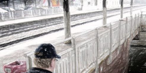 Auf einem Bahnsteig. Ein Rollstuhlfahrer steht vor einer Stiege zur Bahnunterführung. Da gehts nicht weiter.