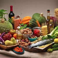 Speisen aus dem Mittelmeergebiet. Ein buntes Mosaik aus Kürbis, Knoblauch, Nüsse, Oliven, Feigen, Nudeln, Hirse, Bohnen, Lauch, Paprika, Tomaten, Zitronen, Zucchini, Fisch, Krebse, Birnen, Trauben, Radicchio, Brot, Wein, Olivenöl.