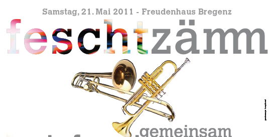 Der Flyer zum feschtzämm zeigt eine Posaune und eine Trompete ineinander verschlungen. Darunter der Text: gemeinsam informieren zusammen feiern.
